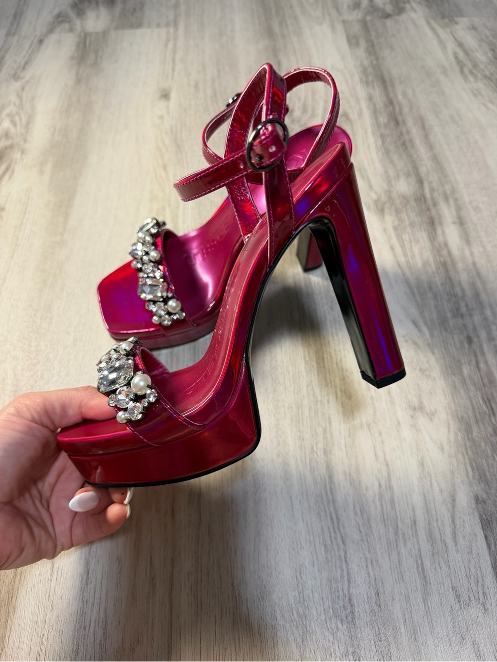 Karl Lagerfeld Pink Metallic Platform Sandals with Jewel Embellishment